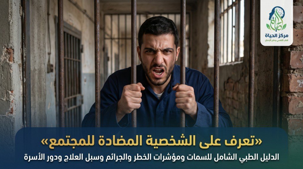 شاب غاضب يمسك بقضبان زنزانة في مشهد درامي يعبر عن التحديات السلوكية والقانونية لاضطراب الشخصية المضادة للمجتمع مع شعار مركز الحياة للطب النفسي وعنوان الدليل الطبي