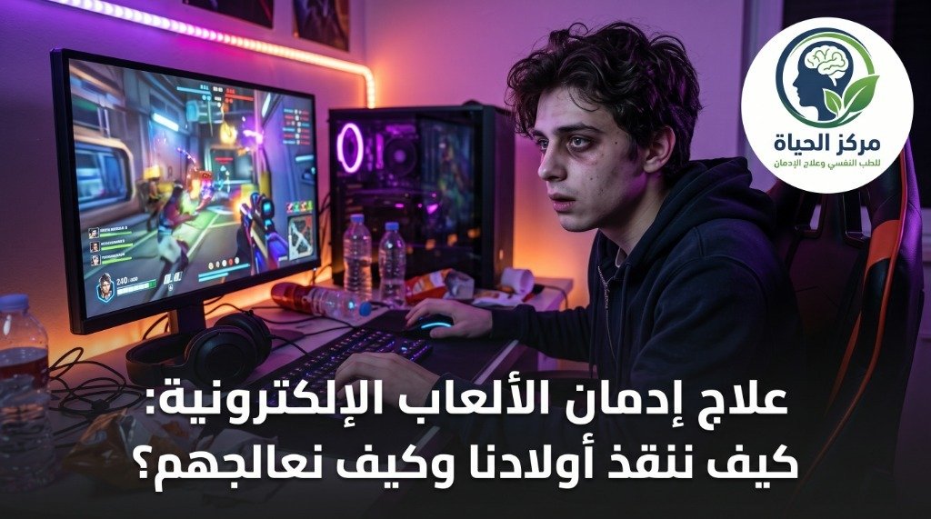 شاب يجلس أمام شاشة كمبيوتر يلعب لعبة فيديو قتالية في حالة إرهاق ذهني وتوتر للتوعية بمركز الحياة