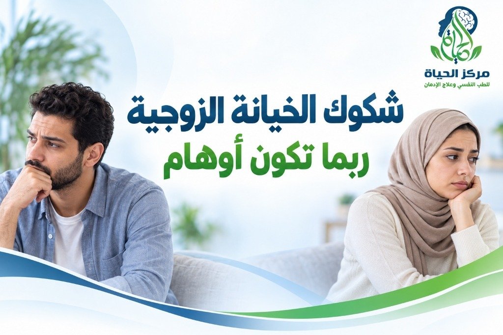 صورة توعوية توضح شكوك الخيانة الزوجية وتأثيرها على الزوجين مع شعار مركز الحياة للطب النفسي وعلاج الإدمان