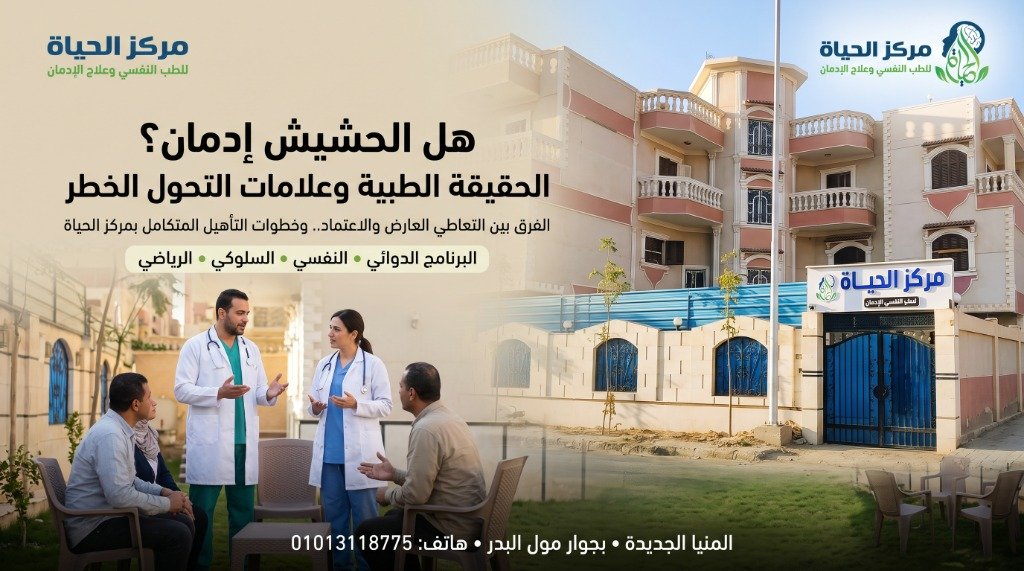 رسم بياني توعوي لمركز الحياة يوضح هل الحشيش إدمان، الحقيقة الطبية، علامات التحول الخطر، وبروتوكول العلاج والتأهيل