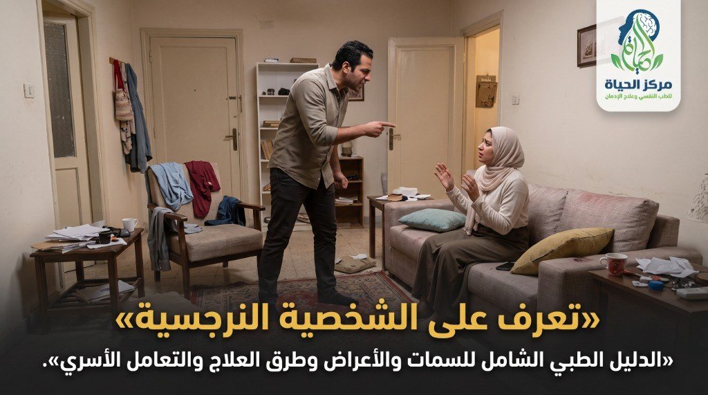 مشهد يعبر عن الخلاف والتوتر الأسري بين زوجين في إطار التوعية باضطراب الشخصية النرجسية مع شعار مركز الحياة للطب النفسي