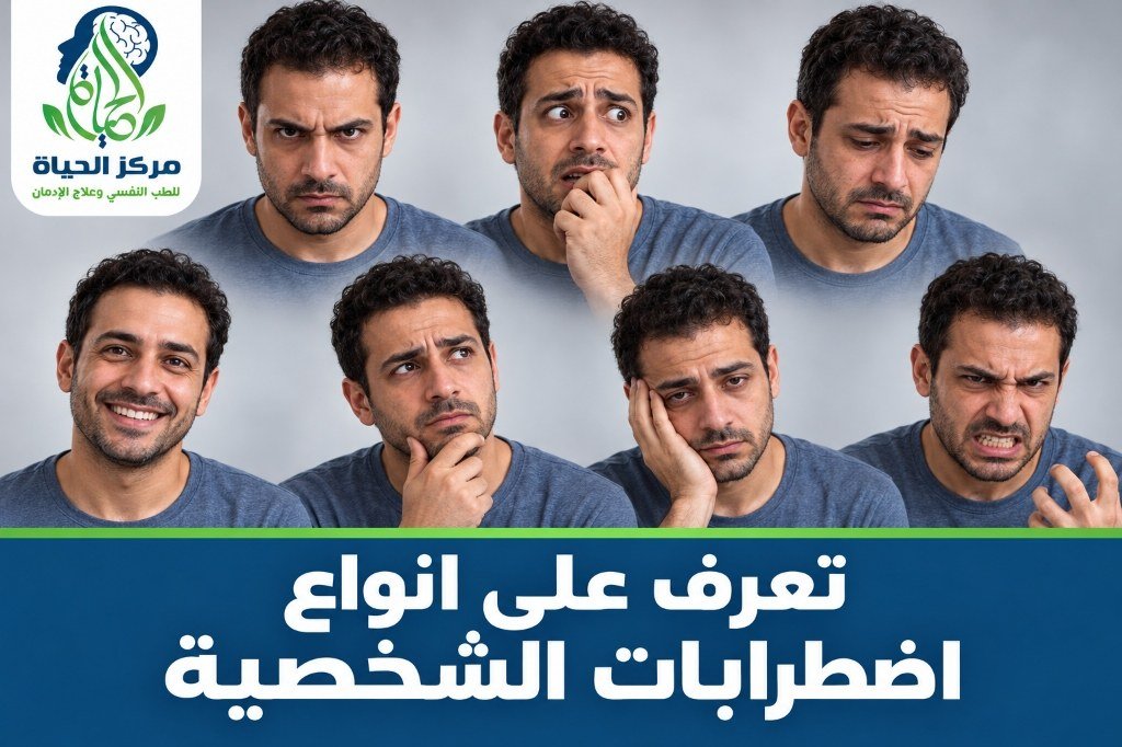 لوحة توضيحية تضم تعابير وجه متعددة ترمز لاختلاف أنماط وسمات اضطرابات الشخصية